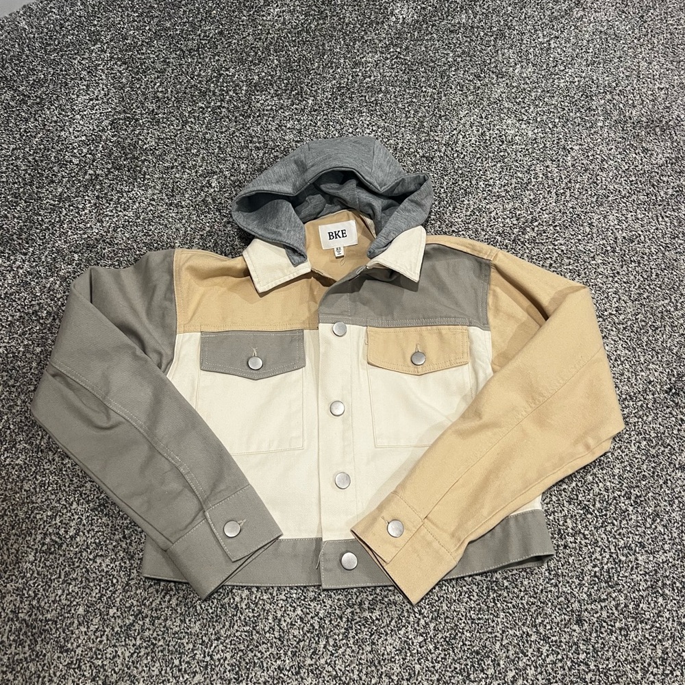 BKE women’s hooded denim Jacket - Gray and Beige size XS - Picture 2 of 5